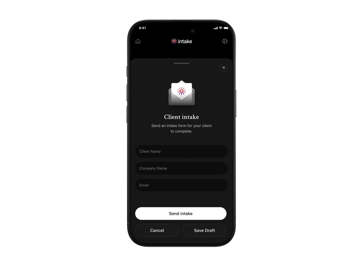 Intake client intake screen on a phone